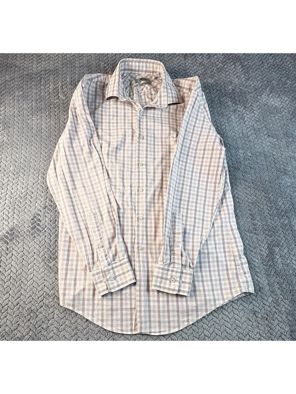 DKNY Mens 15.5 32/33 Pink Plaid Long Sleeve  Fit Stretch Dress Shirt (0188)